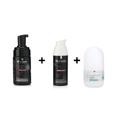 White Secret's Intimate white & Bright Package Cleansing Foaming Wash + Cream + Whitening Deodorant Gulf Kuwait وايت سيكريتس باكدج التبييض غسول و كريم مزيل عرق الكويت و الخليج